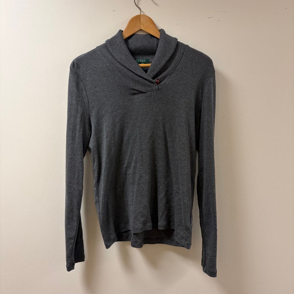 Lauren Ralph Lauren Cotton Gray Shawl Collar Toggle Sweater Classic Preppy M